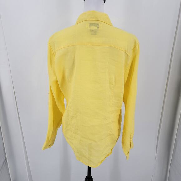 Giorgiana by Naji Top Womens Large Yellow Linen Button Up Roll Tab Sleeves - Picture 2 of 12